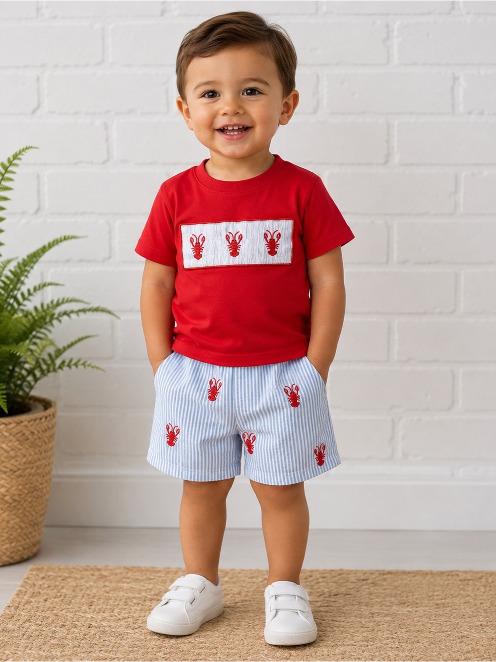 Toddler Lobster Embroidered Shorts - Red & Blue Boys size 12-18 months